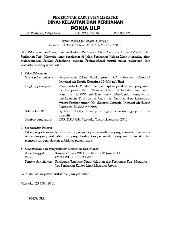 Hasil Kualifikasi Seleksi Pemilihan Penyedia Jasa Konsultansi Perencanaan Bengkel Kampung