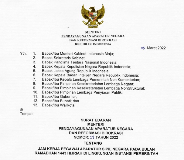 Pemerintah Tetapkan Jam Kerja ASN Selama Bulan Ramadan 1443 H