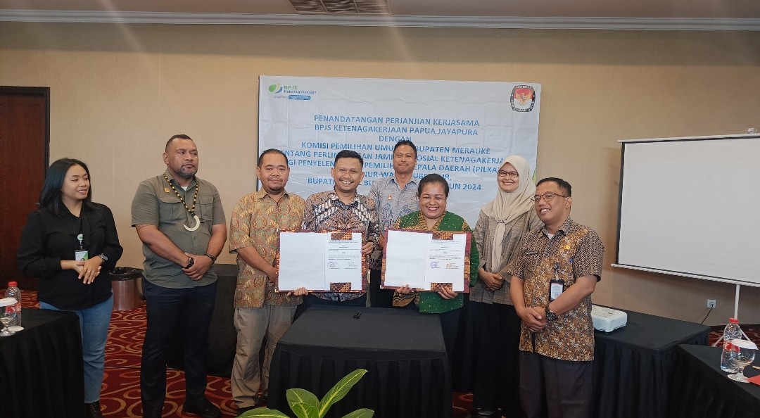 BPJS Ketenagakerjaan Papua Jayapura Menandatangani PKS Bersama KPU Kabupaten Merauke Untuk Dua Program