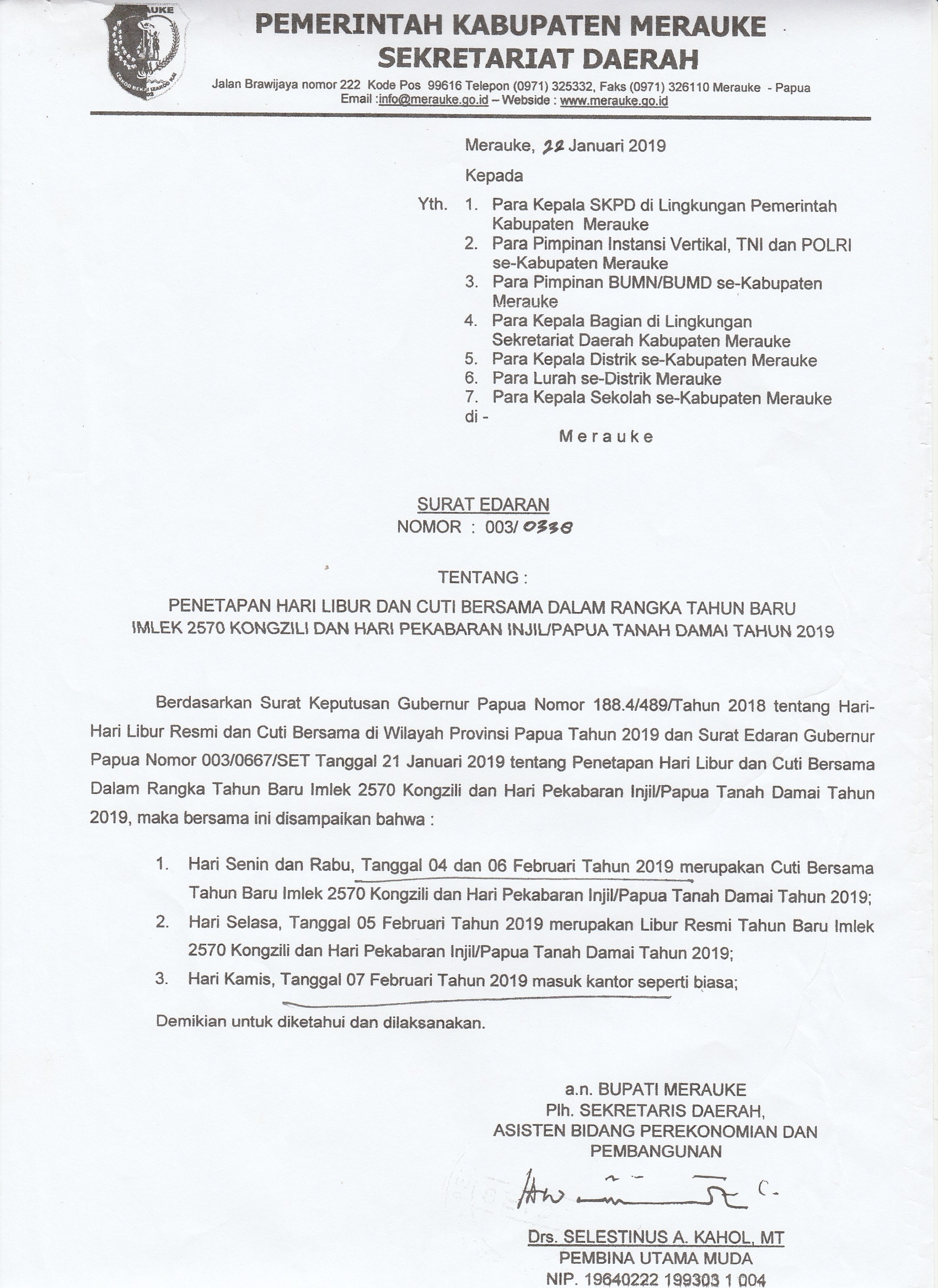 Surat Edaran Penetapan Hari Libur dan Cuti Bersama Dalam Rangka Tahun  Baru IMLEK 2570 Kongzili dan Hari Pekabaran Injil/Papua Tanah Damai Tahun 2019
