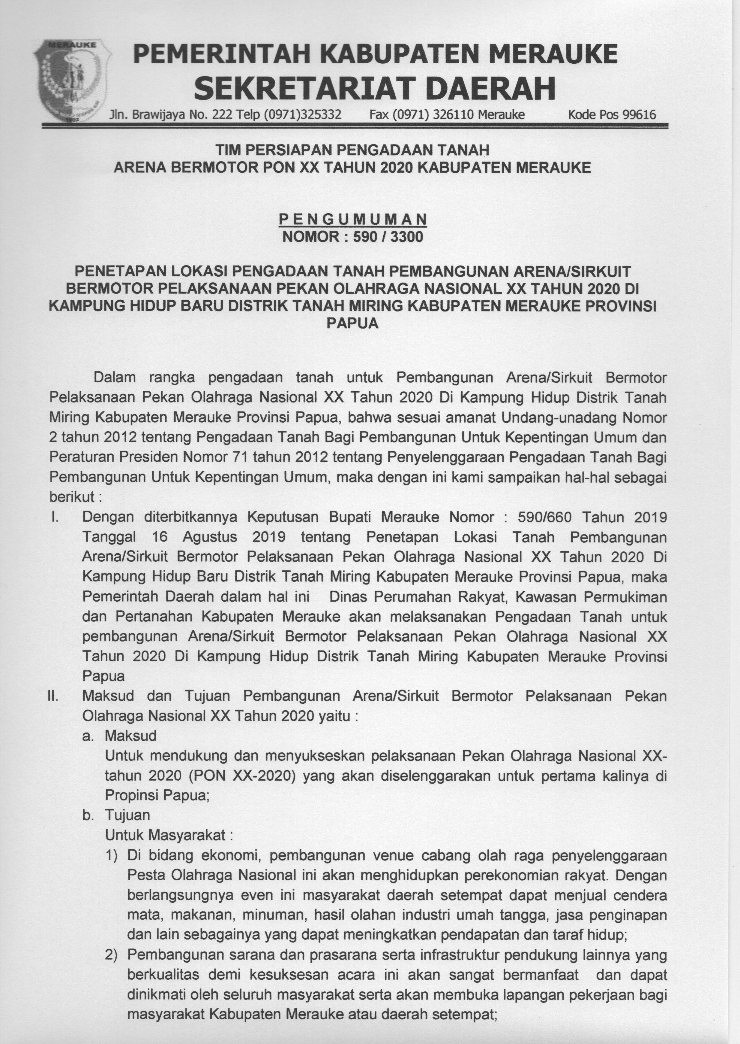 PENGUMUMAN PENETAPAN LOKASI PENGADAAN TANAH PEMBANGUNAN ARENA/SIRKUIT BERMOTOR 