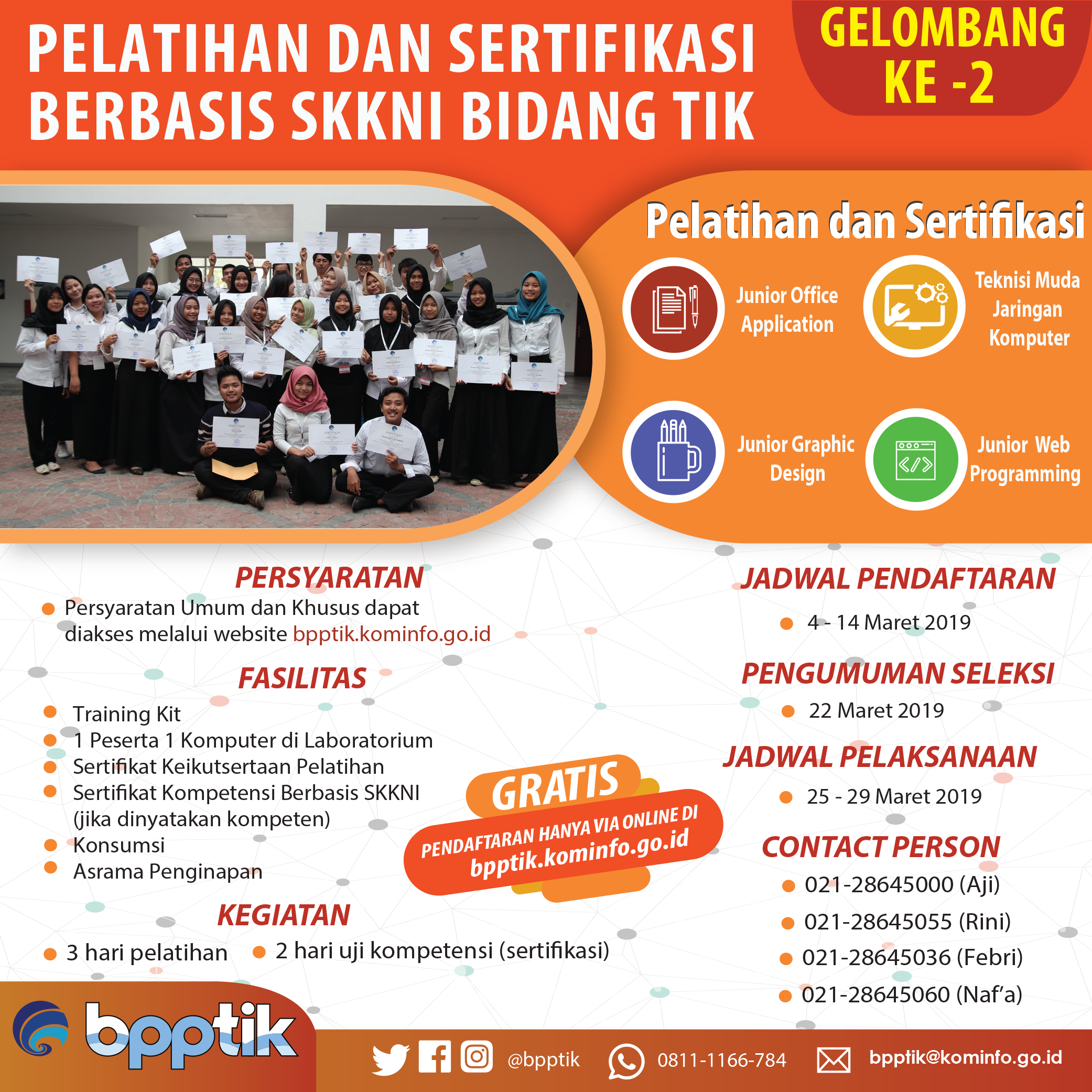 Dibuka, Pendaftaran Pelatihan dan Sertifikasi Kompetensi Bidang TIK Berbasis SKKNI Gelombang ke-2 Tahun 2019