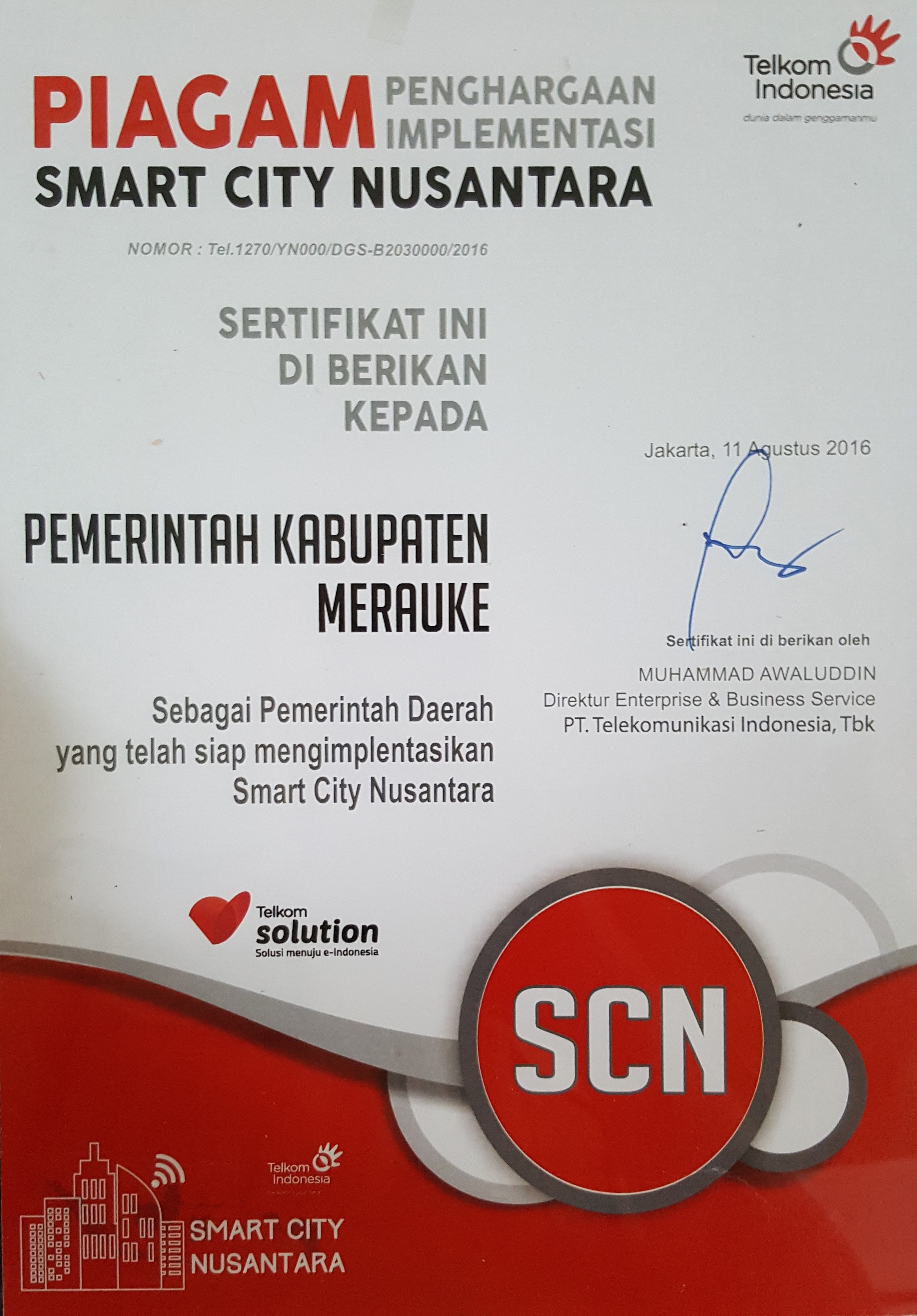 Penganugerahan Smart City Nusantara (SCN) Award diberikan kepada Pemerintah Kabupaten Merauke