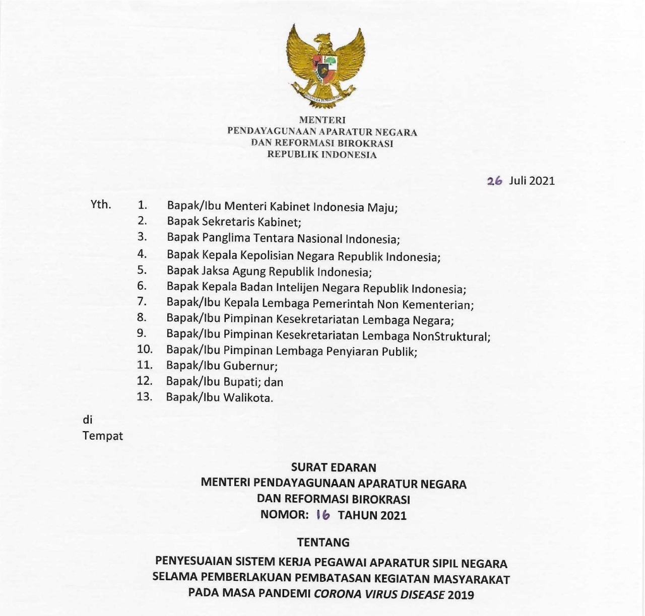 Menteri PANRB Terbitkan SE Sistem Kerja ASN pada PPKM Level 4 Hingga 1 